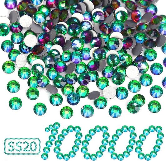 10000PCS Green Volcano Rhinestones Bulk, Flat Back Crystal Glass Stone Round Gems,SS20, 4.6-4.8mm