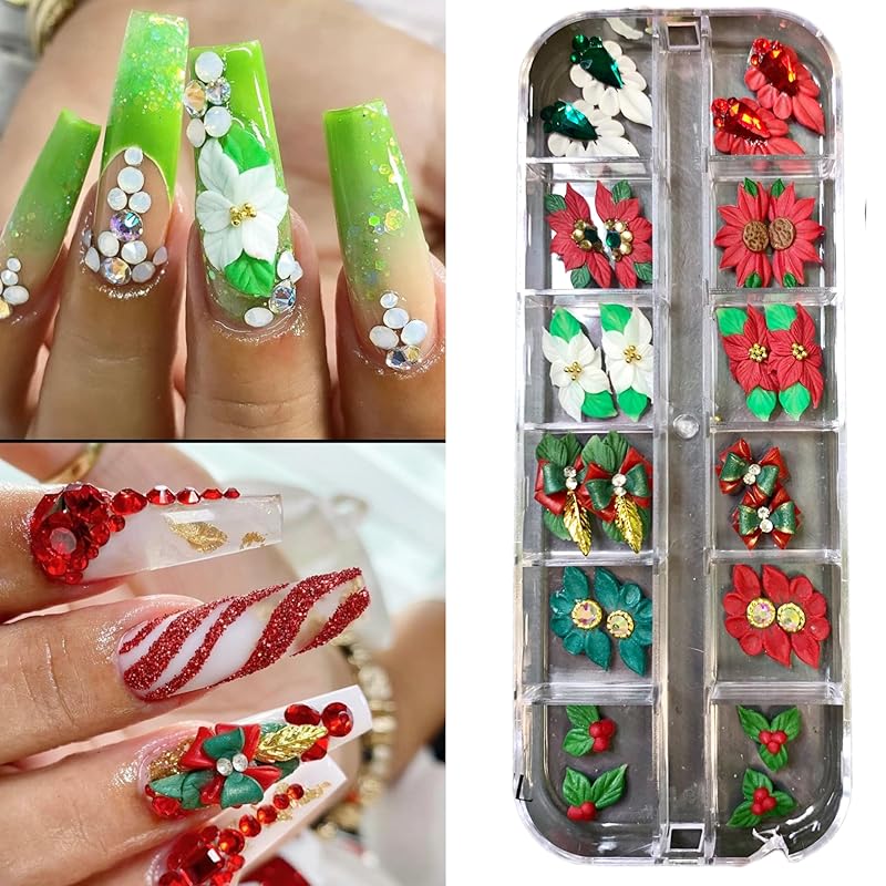 3D Acrylic Christmas Flower Nail Art Charms Handmade by Acrylic Powder - 24pcs Noel Flowers Nail Rhinestones Kit 3D Crystal Nail Pearls Design Acrylic Nail Art for Women (Christmas)