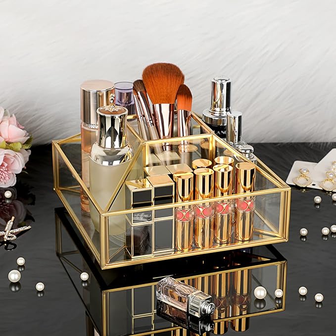 Hipiwe 360 Rotating Makeup Organizer Gold Glass Perfume Cosmetic Display Case 5-Slot Makeup Carousel Spinning Holder Bathroom Storage Organizer for Vanity Lipsticks Skincare Makeup Brushes