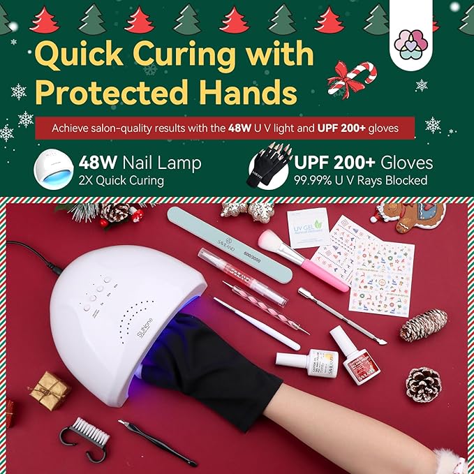 SAVILAND 47pcs Christmas Gel Nail Polish Kit with Electric Nail Drill: 10 Color 48W UV Nail Light UPF 200+ Gloves Base Top Gel Professional Tools Accosseries for Christmas Gift Nail Salon