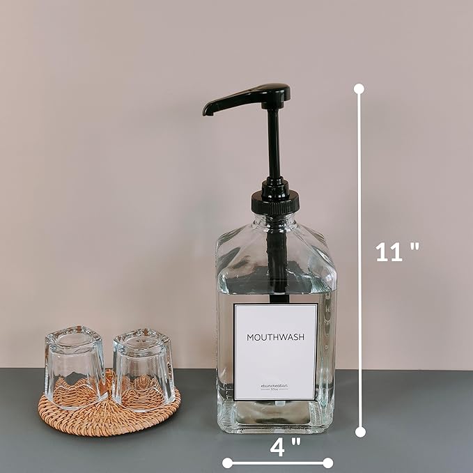 eBun 37oz Glass Mouthwash Dispenser for Bathroom, Mouthwash Dispenser Pump, Mouth Wash Container with Reusable Cup, Mouth Wash Bottle, Countertop Kitchen Sink Dish Liquid Soap Holder Set (Black)