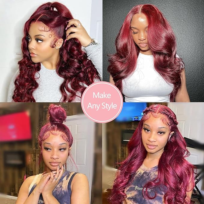99J Burgundy Lace Front Wigs Human Hair Red Wig 22 Inch Burgundy Wig Human Hair 13x4 HD Body Wave Lace Front Wigs Human Hair 180 Density Pre Plucked Glueless Frontal Wigs Human Hair for Women