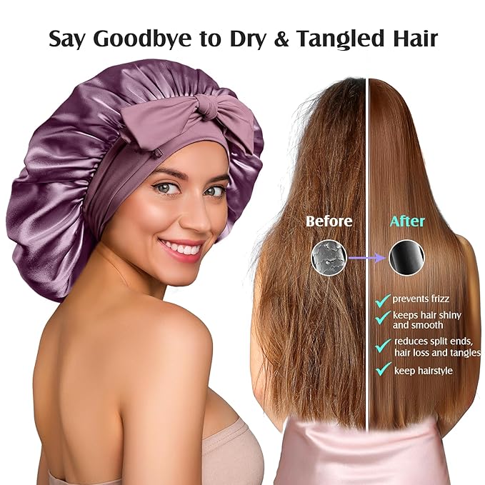 YFONG 100% 22 Momme Mulberry Silk Bonnet for Sleeping Women, Larger Double Layer Silk Hair Wrap for Curly Short Long Hair, Non-Slip Sleep Cap Turban with Elastic Tie Band for Hair Care, Purple