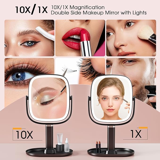 Makeup Vanity Mirror with Lights - 10x/1x Magnifying Mirror with Light, Rechargeable Desk Mirror with 3-Color Lighting & Memory Function, 360° Adjustable Table Mirror, Gift for Women (Black)
