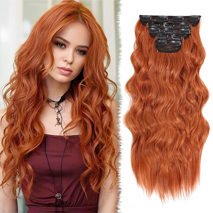 Clip in Hair Extensions for Women 20 Inch 5Pcs Long Wavy Curly Auburn Copper Red Hair Extensions Clip ins Full Head Synthetic Hair Extension for Women