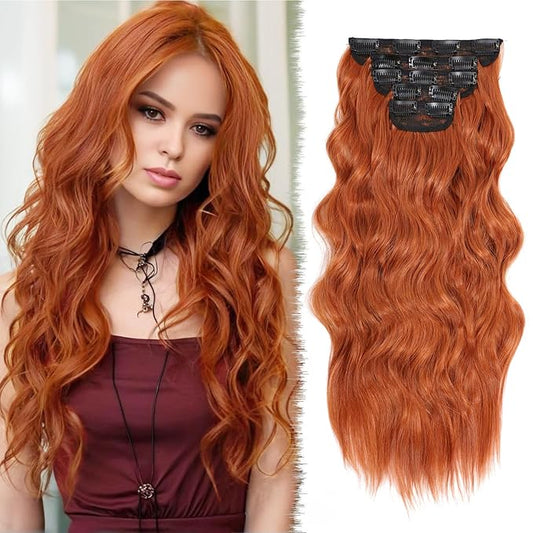 Clip in Hair Extensions for Women 20 Inch 5Pcs Long Wavy Curly Auburn Copper Red Hair Extensions Clip ins Full Head Synthetic Hair Extension for Women