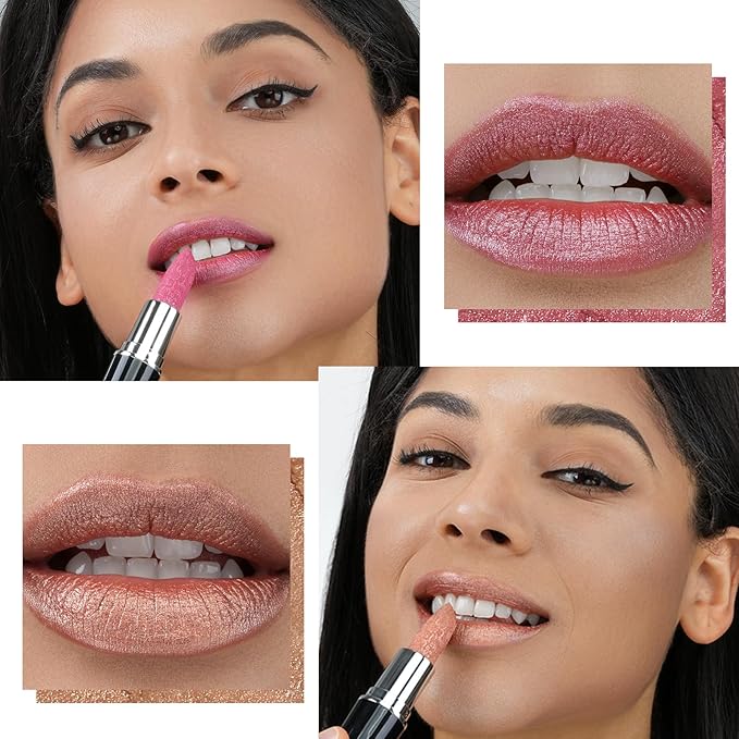 2pcs Glitter Lipstick High Impact Lipcolor - Pink and Nude Moisturizing Creamy Formula, Metallic Full-Coverage Lip Color for Women - Vegan & Cruelty-Free