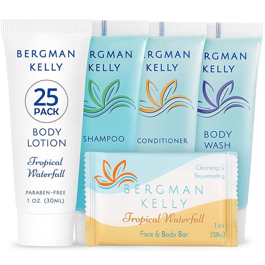 BERGMAN KELLY - Hotel Toiletries Bundle - Tropical Waterfall, 1 oz ea, 125 Pieces - 5-Piece Set: 25 ea Rectangular Bar Soap, Shampoo, Conditioner, Body Lotion & Body Wash - Bulk Mini Guest Amenities