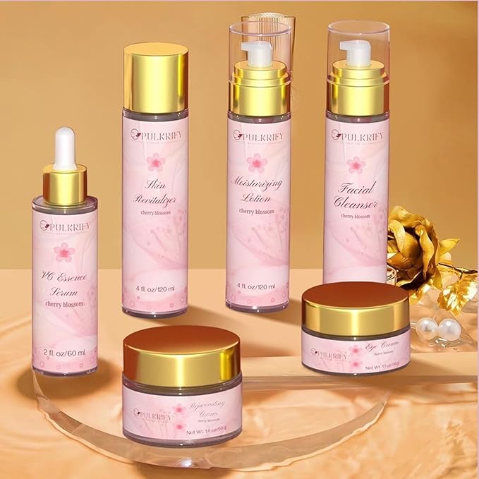 Luxurious Korean Style Cherry Blossom Facial Cleanser & Moisturizer Set, Facial Cleanser, Moisturizer, Revitalizer, Serum, Rejuvenator, Eye Cream, Daily Skincare Routine, Retinol Free