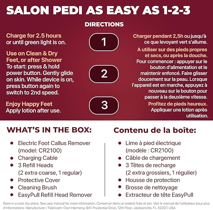 Own Harmony Electric Callus Remover with Vacuum - Foot Care for Women - Professional Pedicure Tools for Powerful Pedi Care Vac - 3 Rollers Electric Feet File CR2100 - Best for Hard Dry, Cracked Heels