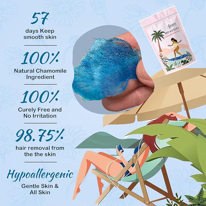 Ajoura 1lb Hard Wax Beads for Hair Removal, Chamomile Wax Beans for Full Body, Brazilian, Bikini Waxing, Face, Eyebrows, Underarms, Arms, Chest, Back, Legs, Home Refill wax for Wax Warmer Kit (Blue)