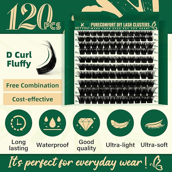 Lash Clusters 120pcs Eyelash Clusters 10-18mix D Curl Cluster Lashes Thick Super Soft Wispy DIY Eyelash Extension at Home(PC03-D-10-18MIX)