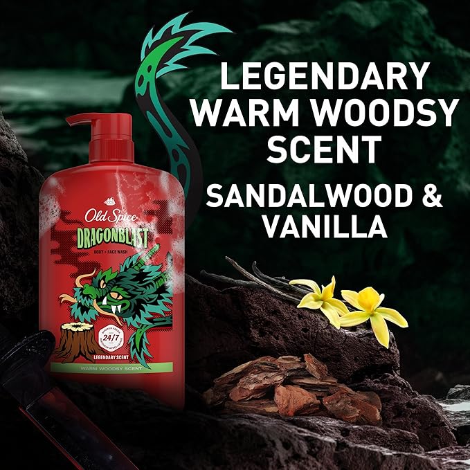 Old Spice Cleansing Body Wash for Men, 3X Defense, 24/7 Shower Fresh with Lasting Scent, 2-in-1 Body & Face Wash, Dragonblast Scent, 33.4 (Pack of 4)