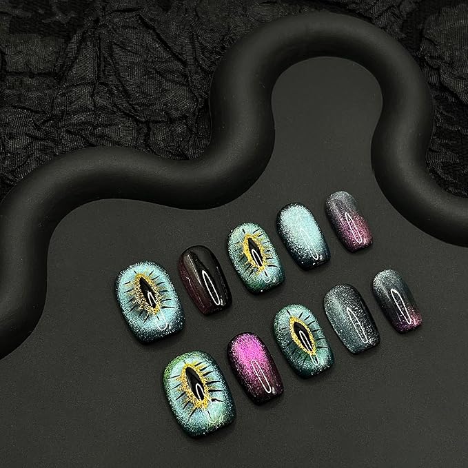 Nails Handmade Press On Nail.Magnetic Press On Nail Short Square Cat Eye Fake Nails with Charm Design,Reusable Glue On Nail for Woman Gift,Set of 10pcs Lasting Acrylic False Nail Art (012 L)