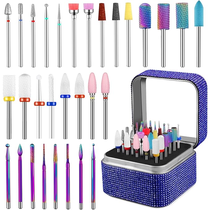 30Pcs Nail Drill Bits Set with Rhinestone Storage Box, 3/32 Inch Ceramic Diamond Carbide Nail Drill Bits for Acrylic Gel Polish, Cuticle Efile Remover for Manicure (Deep Blue)