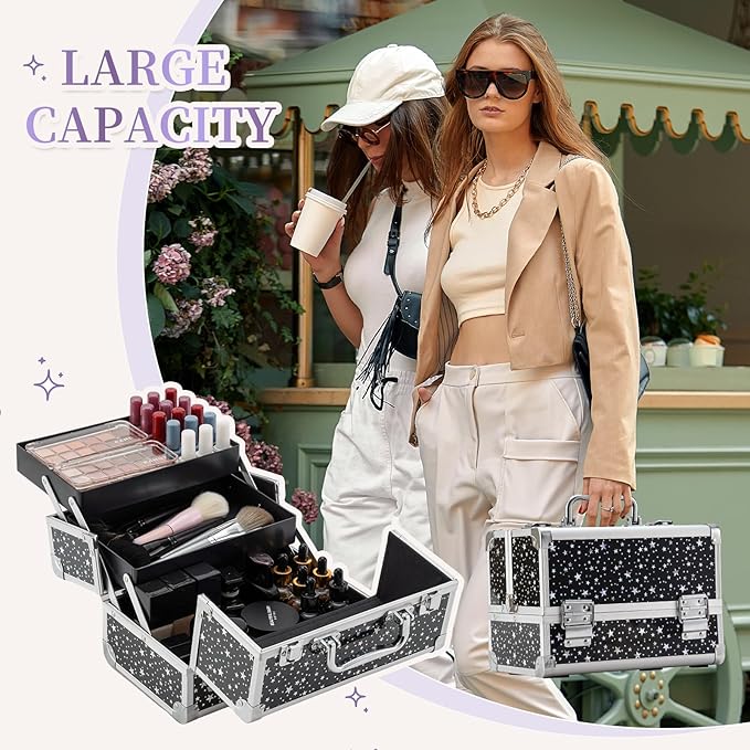 Leeora&Leekoo Makeup Train Case Cosmetic Box Portable Makeup Case Organizer 2 Trays Makeup Storage with Mirror for Cosmetologist Aesthetic Supplies Nail Tech Traveling Makeup Box (Flashing Star)