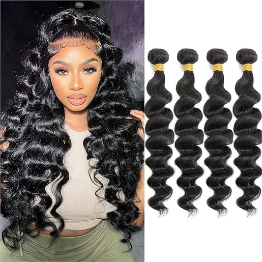 12A Grade Brazilian Virgin Loose Wave Hair 4 Bundles 100% Unprocessed Virgin Brazilian Remy Loose Deep Wave Human Hair Weave Bundles for Black Women Natural Color 22 24 26 28 Inch