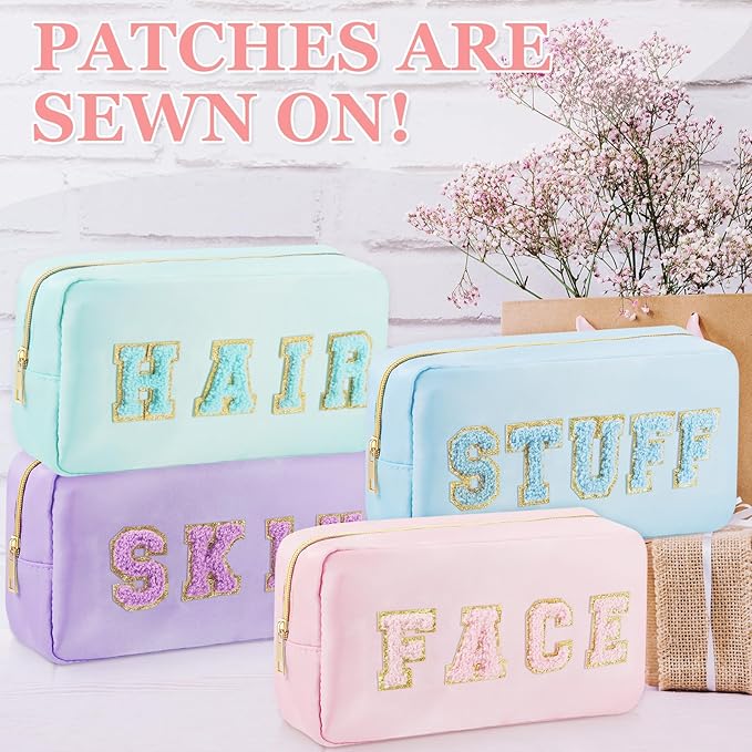 4 Pcs Travel Toiletry Bags for Women Preppy Makeup Bags Organizer Face Skin Hair Stuff Chenille Letter Pouch with Zipper Aesthetic Waterproof Skin care Hair Bag for Women Gifts