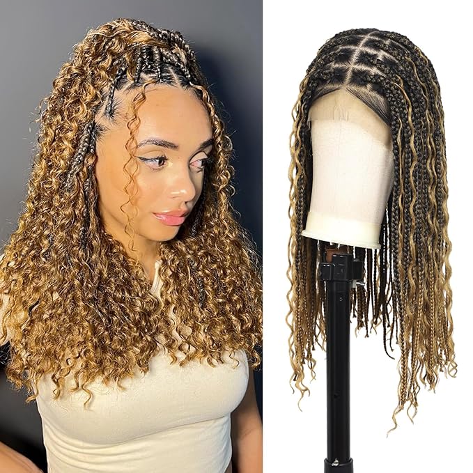 18" 13x8 Inch HD Lace Front Boho Box Braided Wigs With Cruls Ends Short Knotless Box Braid Wig for Women Full Braided Lace Front Wig With Baby Hair Blonde Natural Color