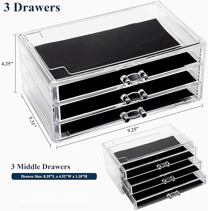 Sea Team Clear Makeup Organizer with Drawers, Acrylic Plastic Cosmetic Display Case, Jewelry Storage Box, Holder for Dresser, Bathroom, Vanity, Countertop (3 Middle Drawers)
