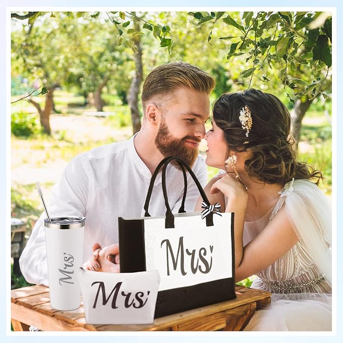 LEIFIDE Bride Tote Bag Bride Gifts Set 5 Pcs Makeup Bag Bride Stainless Tumbler Cup Bride Slippers White Hair Tie Slippers for Bridal Shower Bachelorette Party Wedding Day Gifts for Bride (Fresh)