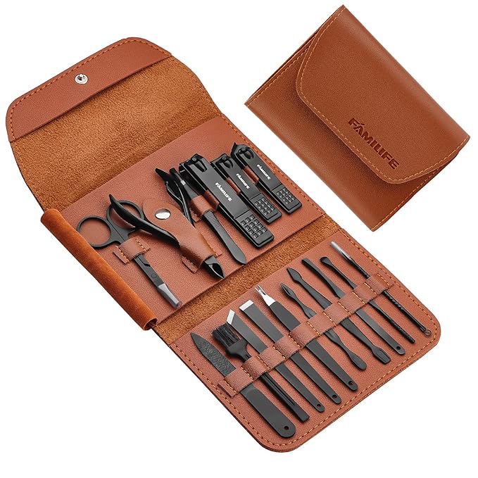 FAMILIFE Manicure Set, Nail Kit 11 in 1 pedicure kit Stainless Steel Mens Manicure Kit Leather and Gifts for Men, and 16pcs Manicure Set Nail Clippers Pedicure Kit Manicure Kit Nail Clipper Set