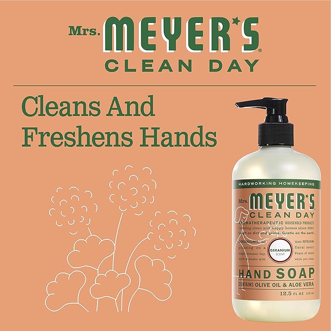 MRS. MEYER'S CLEAN DAY Hand Soap, Made with Essential Oils, Biodegradable Formula, Geranium, 12.5 fl. oz