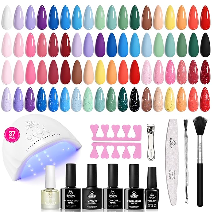 Beetles Spring Gel Nail Polish Kit with Uv Light, 37Pcs 25 Colors Pastel Gel Polish Starter Kit, Green Pink Red Blue Purple Nail Polish for Beginners with Everything Manicure Tools Gift for Women