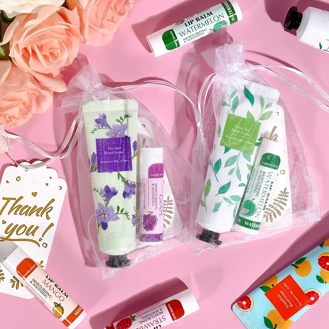 AZEN 24 Sets Hand Cream and Lip Balm Set with Organza Bag Thank You Card, Baby Shower Wedding Gifts for Guests, Bridal Souvenirs for Colleagues Employee Coworkers, Party Favor for Female Friends