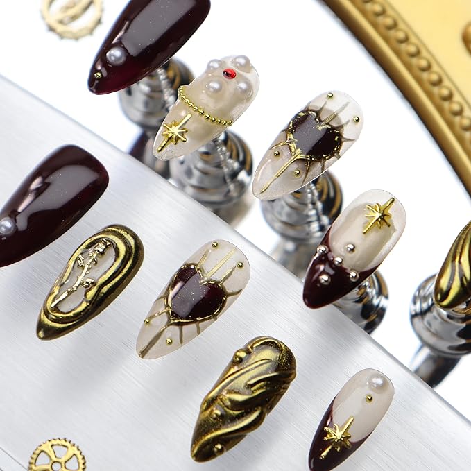 Almond Press on Nails Handmade Medium Long/Stiletto 3D Flower Fake Nail with Designs, Women Reusable False Nails (Golden Rose, S)