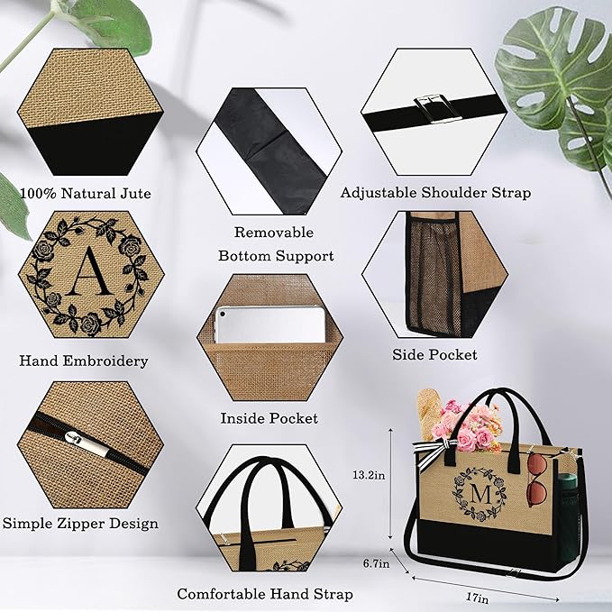 YOOLIFE Mothers Day Gifts - Initial Jute Tote Bag & Makeup Bag, Personalized Gifts for Women Mom Wife Teacher Friend Birthday