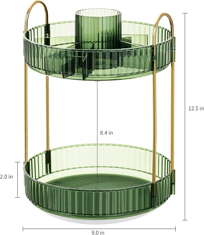 HBlife 360 Rotating Makeup Organizer, 2 Tier Perfume Organizer Skincare Organizer Large Capacity Cosmetic Storage for Bathroom, Vanity, Countertop, Green