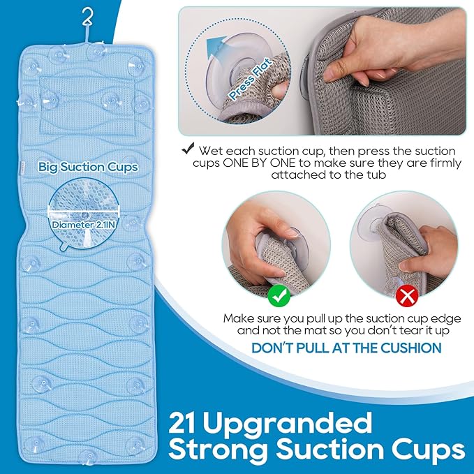 OMYSTYLE Full Body Bath Pillow, Bath Pillows for tub with Mesh Washing Bag & 21 Non-Slip Suction Cups, Spa Bathtub for Head Neck Shoulder and Back Support - 5D Air Mesh & Quick Drying | Blue