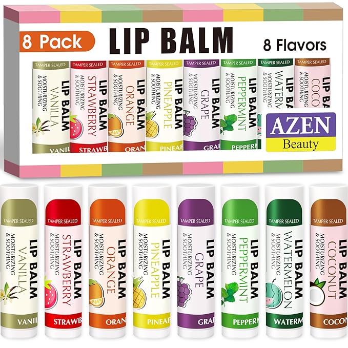 AZEN 8 Pack Lip Balm, Natural Lip Balm Bulk, Lip Care Product, Moisturizing Lip Balms for dry cracked lips - 8 Flavors