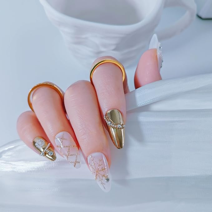 Almond Press on Nails Handmade Medium Long/Stiletto 3D Flower Fake Nail with Designs, Women Reusable False Nails (Metallic Golden, L)