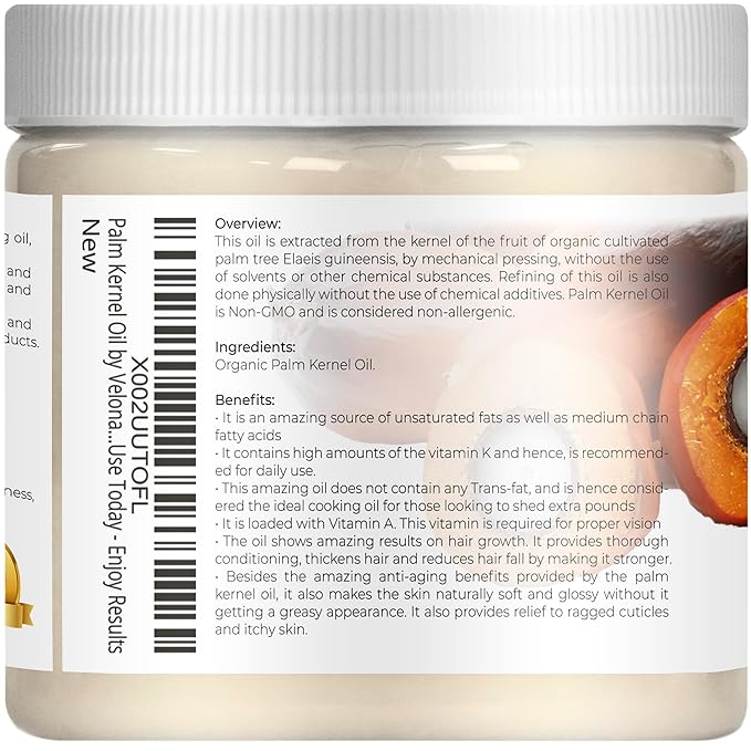velona USDA Certified Organic Palm Kernel Oil - 16 Fl Oz | 100% Pure and Natural Carrier Oil | Refined, Cold Pressed | Face, Hair, Body & Skin Care | Use Today - Enjoy Results