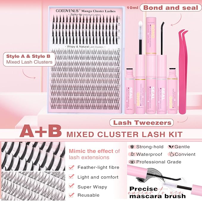 Manga Lash Clusters Kit Wispy Eyelashes Cluster & Spiky-tip Individual Lashes Mixed Cluster Eyelash Extensions Kit 200pcs DIY Lashes Extension Kit C Curl Lash Clusters Wispy Anime Lash Kit