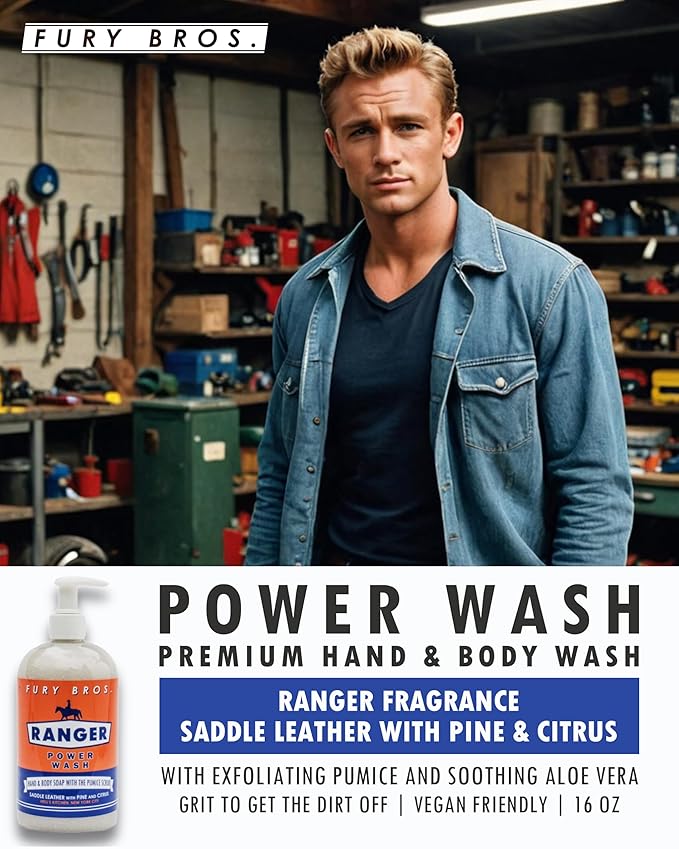 Premium Power Wash | Ranger | Saddle Leather Pine Citrus | Hand & Body Wash | Exfoliating Pumice | Moisturizing Aloe Vera | Highly Scented | Made in USA | 16 oz | Dad Men Bath