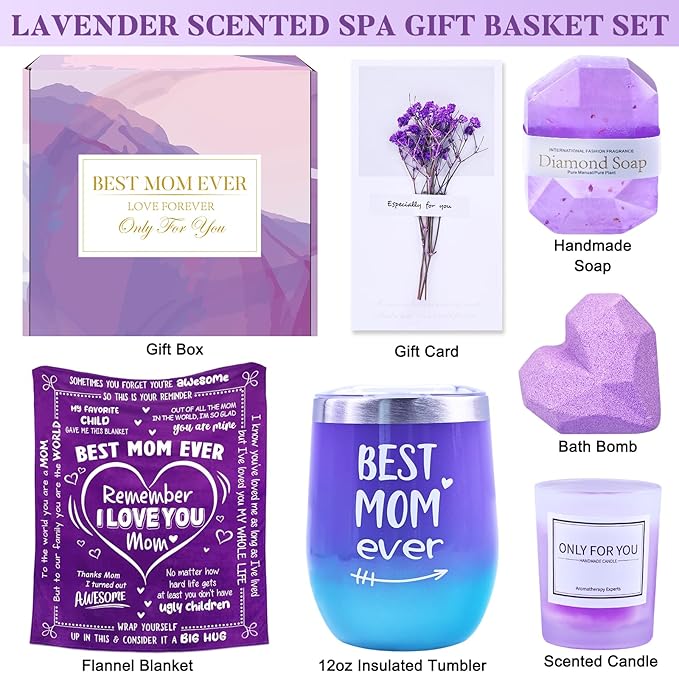 Mothers Day Gifts for Mom, Birthday Mothers Day Basket for Mom from Daughter Son, Relaxing Spa Gifts Set with Luxury Flannel Purple Blanket, Great Birthday Mother's Day Ideas for Women Wife Her