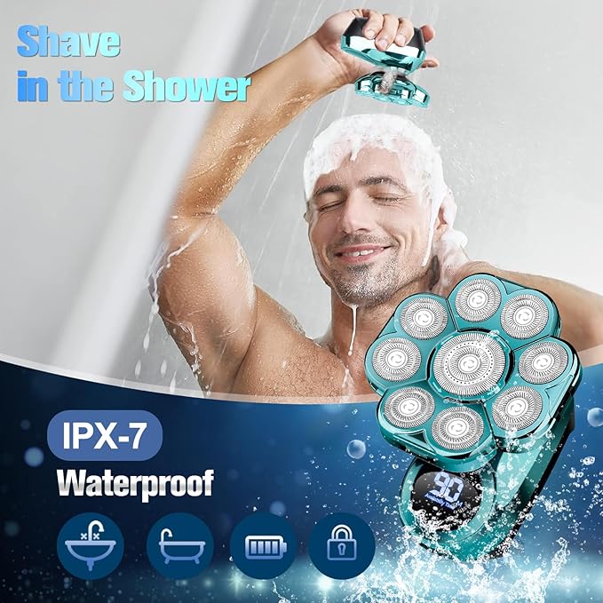 9D Head Shavers for Bald Men, Electric Shaver for Men,6 in 1 Mens Grooming Kit with Nose Hair Trimmer, Beard Trimmer,Waterproof Wet/Dry Rotary Shaver,Gift for Father, Husband, Boyfriend (Green)