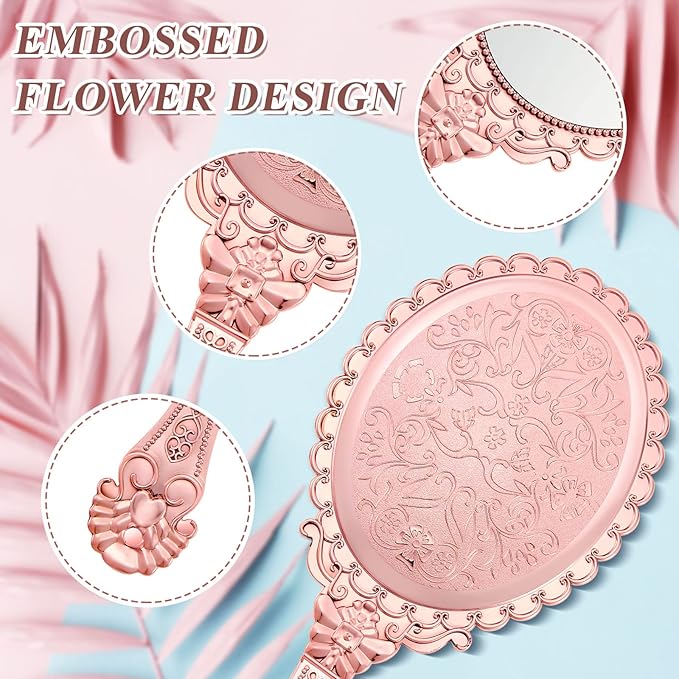 Qunclay 12 Pcs Vintage Handheld Mirror, 9.8" L x 4.5" W Small Rose Gold Embossed Portable Princess Mirror for Classroom Kids Princess Party Favors Travel