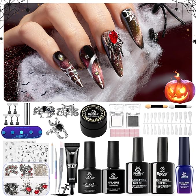 Beetles Gel Nail Polish Set, Red Black Cat Eye Gel Polish and Soild Nail Glue Kit -All in 1 Beetles X DIY nail with Chrome Nail Powder 5D Nail Stickers and Rings for Party Gift Holiday