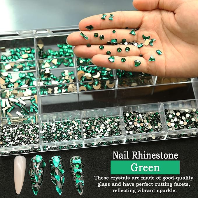 4180 Pcs Crystal Flatback Rhinestones Gems Nail Kit for Nail Art,Crafts,Clothes Shoes Decorations Jewelry (700 Diamonds + 3480 Flat Rhinestones, with Rhinestones Pen), Green