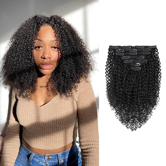 Curly Clip in Hair Extensions 3C 4A Kinky Curly Real Human Hair for Women OQ Curly Hair Natural Color 100% Brazilian Virgin Human Hair Extensions 7Pcs 120g/Set 22Inch