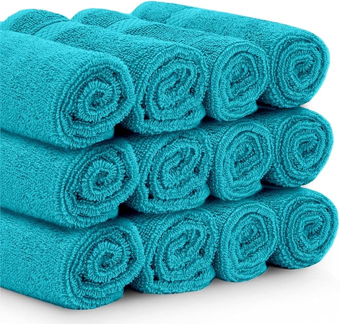 White Classic Luxury Cotton Washcloths - Face Towel Set | 12 Pack | Aqua