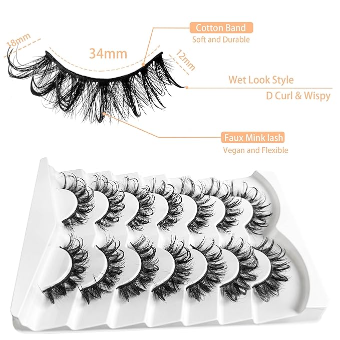 Wispy Lashes Wet Look NINGLASH D Curl False Eyelashes Natural Look Cat Eye Lashes Fake Eyelash Pack 18mm Faux 3D Mink Lashes Strips 7 Pairs