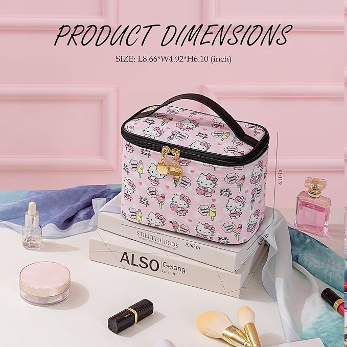 AmBealla Cosmetic Bag Large Makeup Bag Pink Makeup Travel Case with Brush Holder, Canvas Organizer for Women, Toiletry Bag for Skincare & Beauty Tools Sweet Cute for Girls