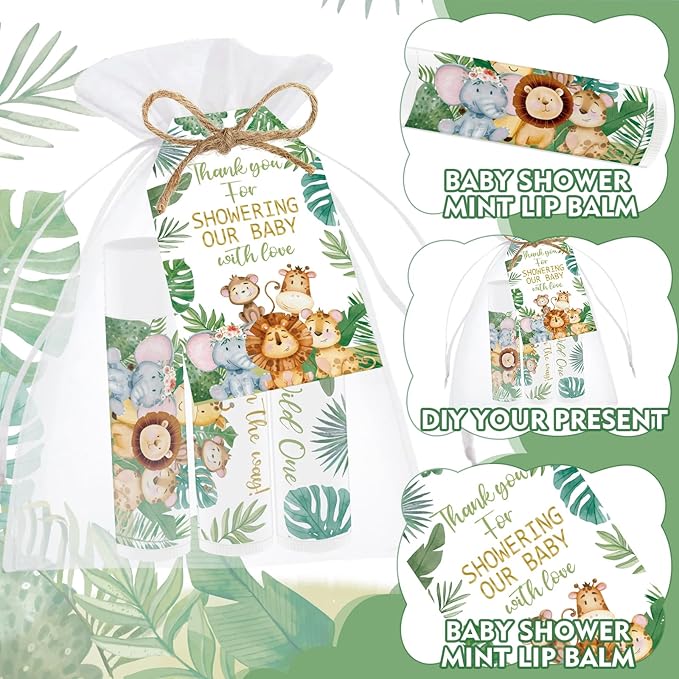 50 PCS Baby Shower Jungle Animal Lip Balms Favors for Guests,Baby Shower Games Gifts Boys Girls Neutral Gender Reveal Lip Balm with Thank You Card,Jungle Animal Birthday Party Supplies Decorations.