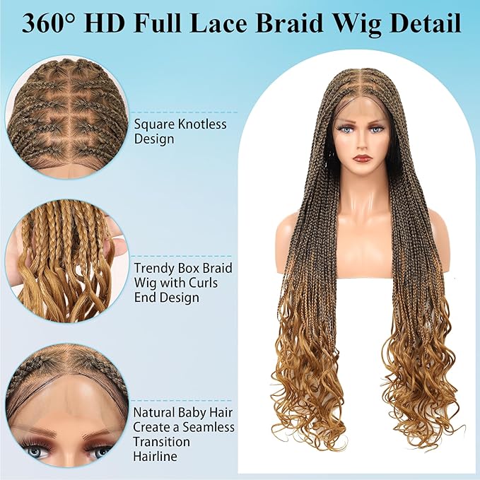 360° HD Full Lace Knotless Braided Wigs for Women Box Braid Wig with Curly End Braided Lace Front Wigs Hair Human Hair Blended Braid Wig with Baby Hair Light Brown 36Inch