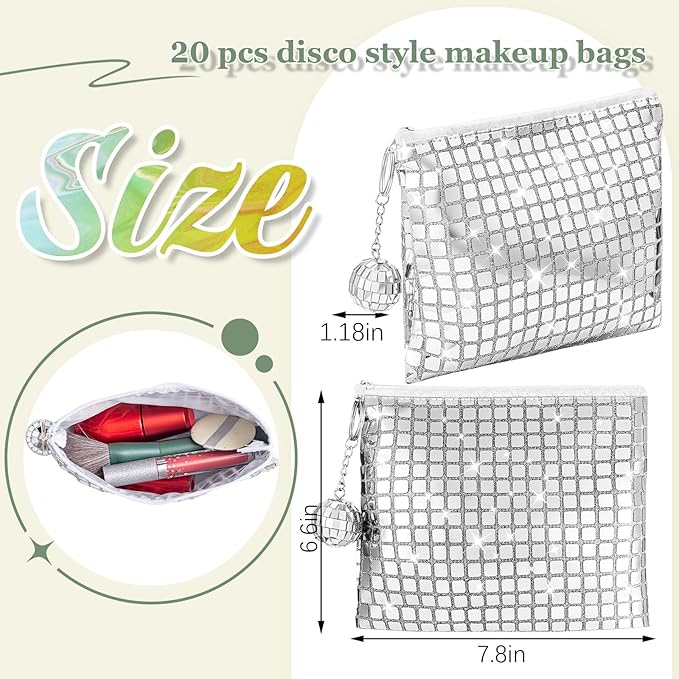 20 Pack Disco Cosmetic Bags Portable Silver Glitter Sequin Mirror Makeup Organizer with Zipper, Suit for Bachelorette, New Years Eve, 70s, 80s, 90s Disco Party Favors